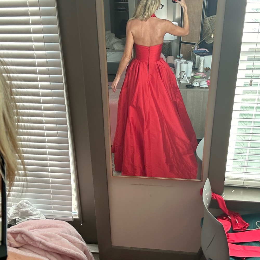 Tarik Ediz Red Halter Taffeta Ball Gown - Picture 4 of 6